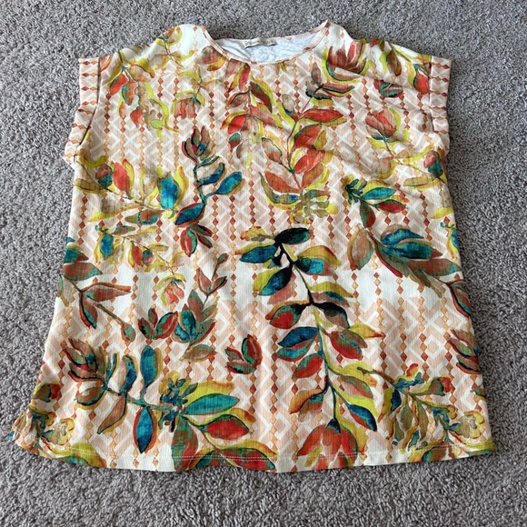 Zara Tops - Zara Orange and Beige Geometric Leaf Printed Two Tone Short Sleeve Top Medium